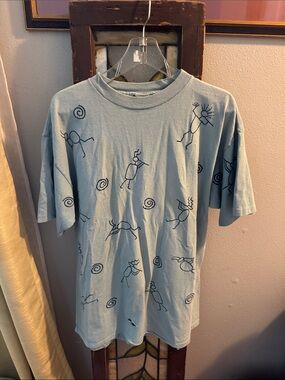 Vintage EMI Colorado Light Blue Short-Sleeve T-Shirt w Navy Tribal Stick Figures